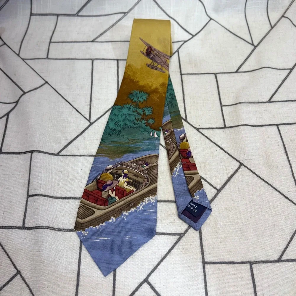 Nautica‎ Silk Necktie One Size Blue Yellow Vintage Tropical Boat Seaplane Scenic